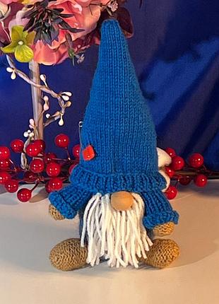 Вязанный гном ручной работы, синий гном вязанный 22 см, ms1
