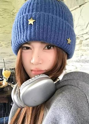 Женская вязаная шапка nonotree мягкая пушистая синяя стильная теплая объемная универсальная (n882)