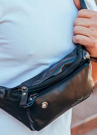 Мужская кожаная черная сумка-бананка на пояс tidinbag - 16431