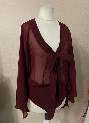Бордо боді блуза вишневе жіночне з шифоновими рукавами