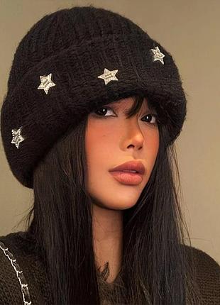 Шапка зимова корейська в'язана із зірками чорна унісекс one size (n812)