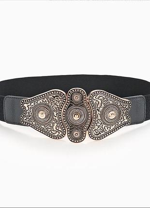 Ремень женский резинка тканевой черный широкий на застежке металлической с орнаментом ,пояс женский 70см х 6см