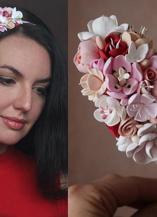 Розовый обруч для волос с цветами ручной работы "цветочная феерия"