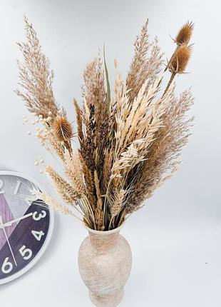 Букет з сухоцвітів і трав для інтер’єру, натуральний декор з пампасною травою та природними елементами