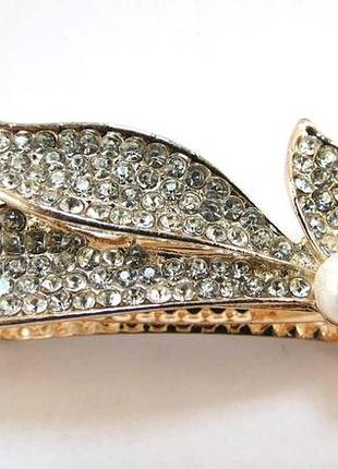 Заколка-автомат, цветок, золото, стразы, перламутровая бусина