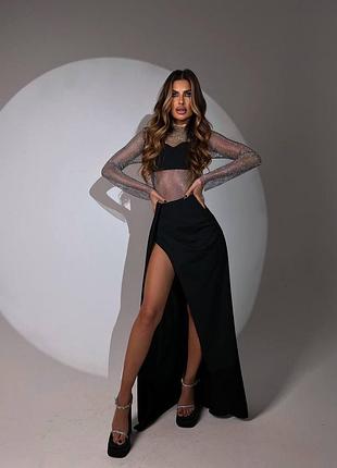 Жіночий комплект костюм боді сітка зі стразами і спідниця