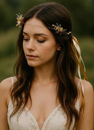 Віночок з сухоцвітів у карамельних та кремових відтінках – аксесуар для нареченої, фотосесії, boho образу