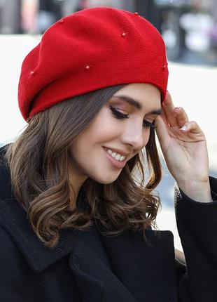 Берет «алеста» з перлинами (6071) червоний
