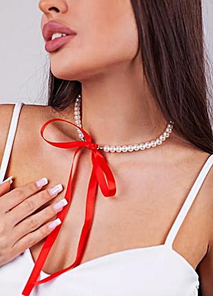 Кольє намисто чокер перлинки (імітація) та червона срічка