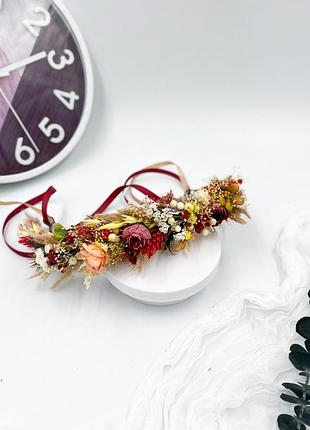Ексклюзивний вінок на голову з сухоцвітів у бордових, терракотових і айворі тонах - стильний аксесуар