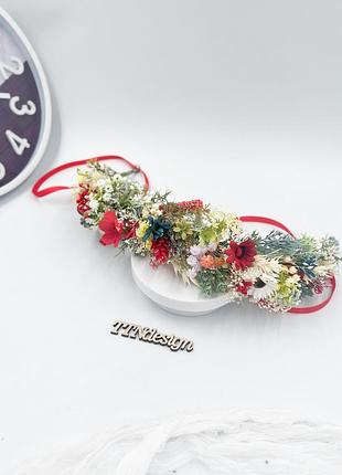 Вінок на голову в українському стилі з полевими квітами, сухоцвітами та стабілізованою гіпсофілою