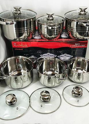 Набір каструль unique un-5035 з нержавіючої сталі з товстим дном в 5 шарів з скляними склянками 6 предметів