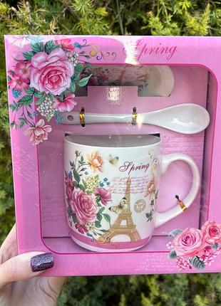 Набор кружки с блюдцем "цветочный париж" в подарочной упаковке, 300 мл