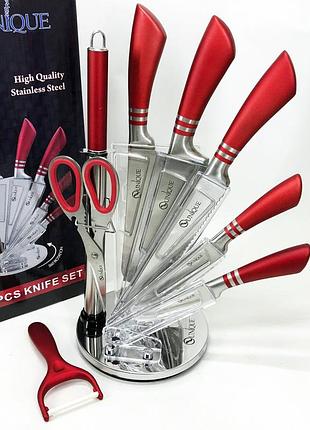 Набір ножів unique un-1832 (9 пр). нержавіюча сталь. з точилом, овочечисткою та ножицями, на підставці