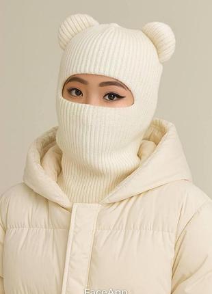 Шапка балаклава вязаная с ушками медвежонок теплая зимняя балаклава маска шлем белая one size (n982366)