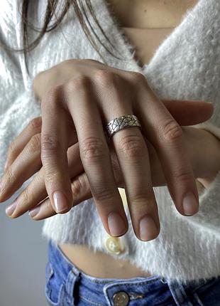 Кольцо серебряное массивное мрамор, широкое кольцо с чернением, серебро 925 пробы, регулируемый размер 15-17