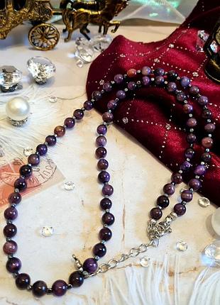 🔺🐯💜 колье бусы космос натуральный камень тонированный фиолетовый тигровый глаз