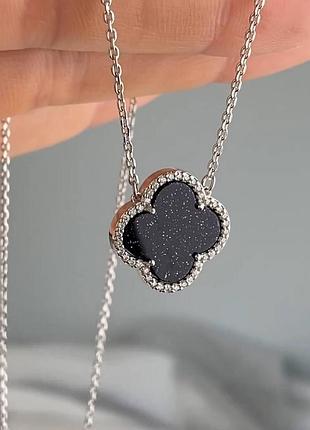 Серебряное колье клевер с авантюрином и фианитами