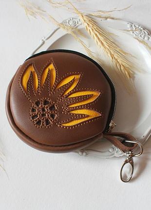 Свет коричневый кошелек подсолнечника из эко кожи ручной работы