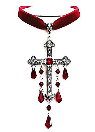 Чокер велюровий темно красный с акцентным крестом