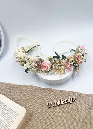 Дитячий віночок із сухоцвітів і рожевих троянд у бохо стилі, ручна робота ttndesign 🌸