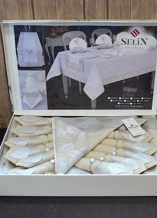 Скатерти льняные с ранером 160х300 на стол, праздничная скатерть прямоугольная 12 салфеток красивая бежевый