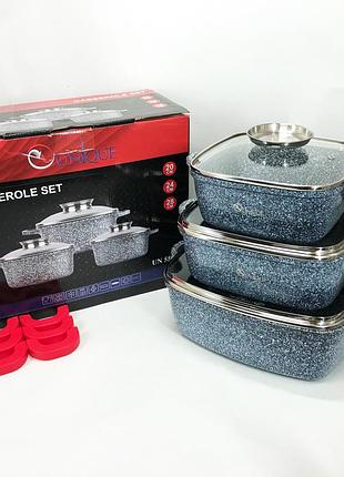 Набор квадратных казанов unique un-5501 20см, 24см, 28см, набор посуды кастрюли разных объемов