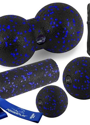Массажный набор powerplay pp-4093 4-в-1, epe-пена, синий - ролик + 3 мяча для йоги, фитнеса, реабилитации