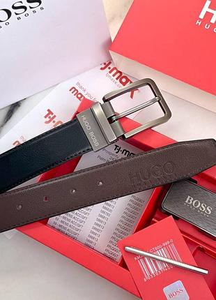 Мужской набор, ремень hugo boss, черный ремень хуго босс из натуральной кожи с двумя пряжками 🔥