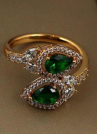 Кольцо xuping jewelry росинки с зеленым камнем р 17 золотистое