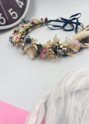 Вінок із сухоцвітів у біло-рожевих і синіх тонах, на голову, ручна робота, бохо стиль