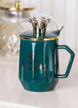 Чашка керамічна queen of everything 400мл з кришкою та ложкою чашка з кришкою чашки для кави зелений