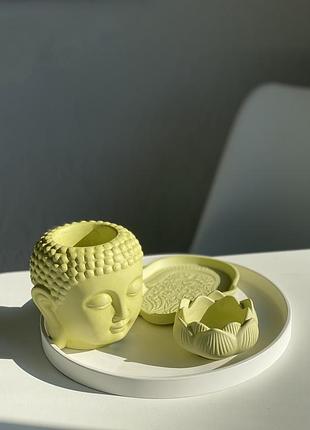 Набор для медитации будда из гипса ручной работы с подставками для благовоний фисташковый.