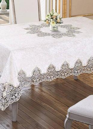 Скатерть 160х300 велюровая прямоугольная красивая, скатерти для ресторанов праздничная качественное кремовый
