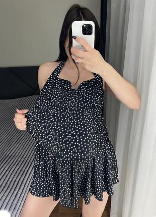 Суцільний спільний злитний купальник батал зі спідницею сукнею на чашу д d на кісточці кісточках у горох розкішний якісний