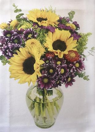 Схема для вишивки стрічками, гладдю букет соняшники та хризантеми тм шовковий сад