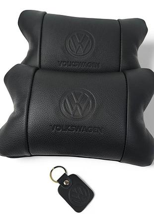 Набор кожаных подушек 2шт - volkswagen на подголовник в машину, автомобильная подушка