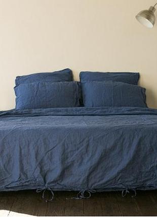Постельное белье из льна синий семейный