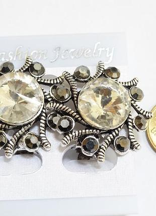 Кліпси з великим стразом, античне срібло, цинковий сплав, стрази