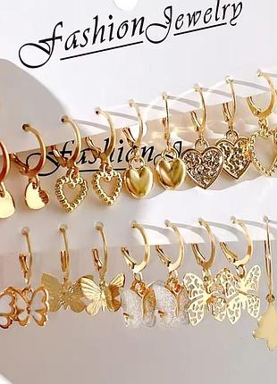 Набор сережек для женщин и девочек 10 пар бабочки и сердечки золотой