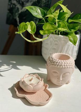 Комплект будда с ароматической соевой свечой в кашпо в ручной работы verbena