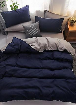 Постельное белье дуэт серо-синее ранфорс meriset - семейный на резинке полуторный