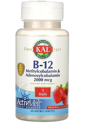 Kal, витамин b-12 (в виде метилкобаламина и аденосилкобаламина), с ягодным вкусом, 2000 мкг, 60 мини-таблеток