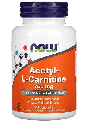 Ацетил карнітин, acetyl-l carnitine, now foods, 750 мг, 90 таблеток