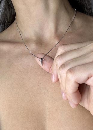 Цепочка с кулоном крестик в стиле минимализм, подвеска крест, серебряное покрытие 925 пробы, длина 41+5 см