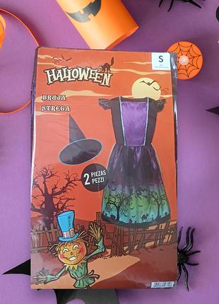 Детское платье со шляпой ведьма на хеллоуин размер s 4-6 лет фиолетово-зеленое