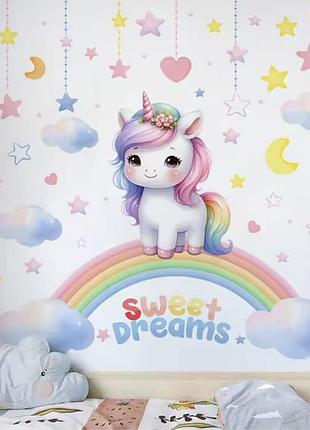 Наклейка виниловая на стену для детской комнаты единорог 63 на 60 см разноцветный