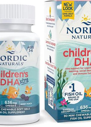 Омега-3, дгк и эпк для детей 3-6 лет, dha xtra, nordic naturals, вкус ягод, 636 мг, 90 гелевых мини капсул
