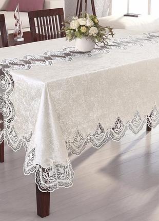 Скатертина 160 350 однотонна велюрова добре з мереживом, скатертина на стіл у вітальню прямокутна кремовий