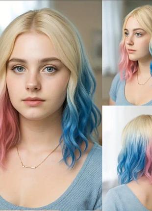 Карнавальный парик розово синий, парик каре, блондинка парик, женские волнистые волосы, купит парик, парик харьли квин, парик венсдей